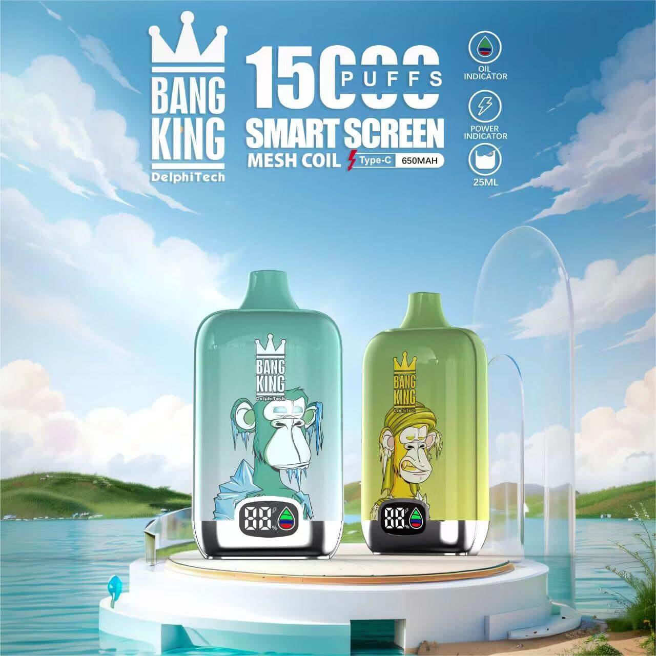 Bang King Smart screen 15000 puffs Disposable Vape 25mL (0% to 5% Nicotine) 650mAh,12 Flavors