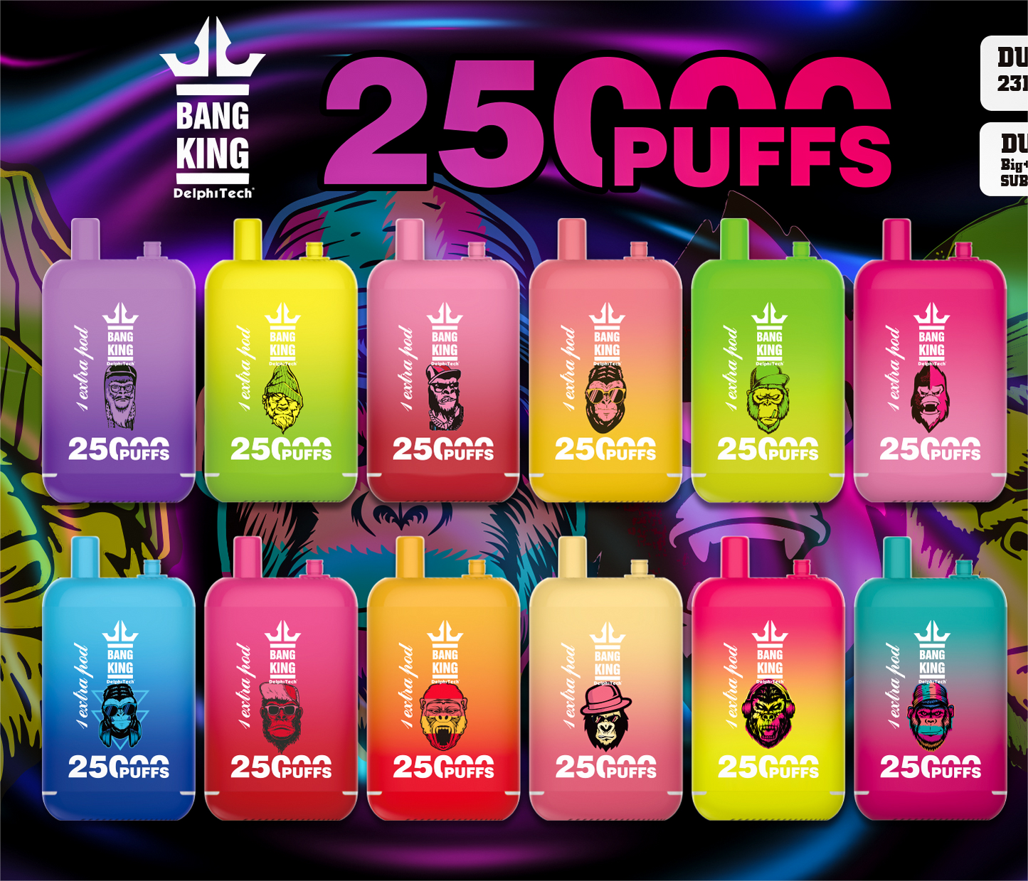 Bang King 25000 Puffs - 46mL Dual Tank (0% to 5% Nicotine) 650mAh Battery ,12 Flavors
