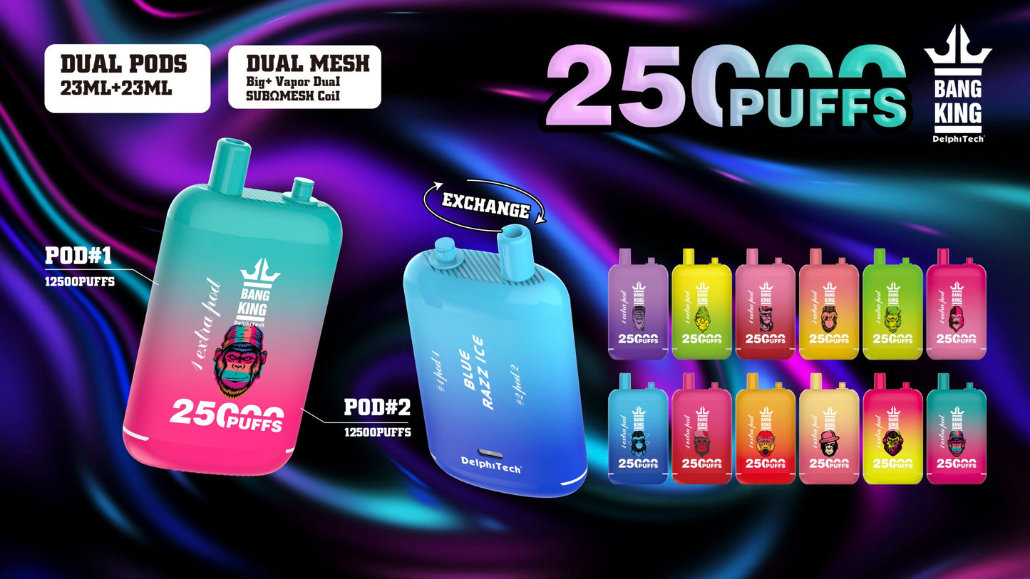 Bang King 25000 Puffs - 46mL Dual Tank (0% to 5% Nicotine) 650mAh Battery ,12 Flavors