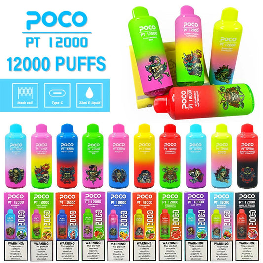 POCO PT 12000 Puffs - 22mL, 5% Nic Salt, 10 Flavors, Mesh Coil-650mAh Battery, 22ml E-liquid, Multiple Nicotine 10a Flavors