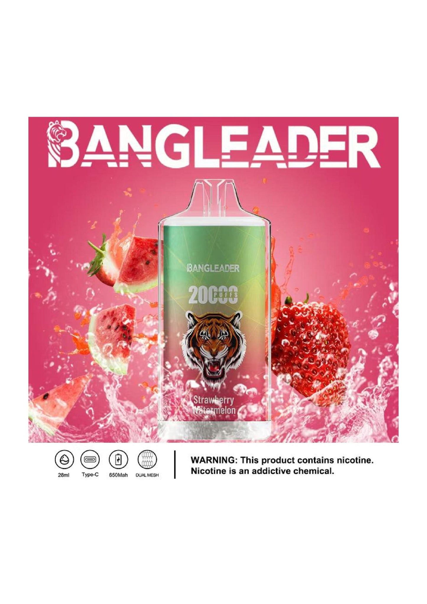 Bang Leader 20000 Puffs Disposable Vape(0% to 5% Nicotine) - 28ml E-Liquid, 650mAh Battery,Summer 12 Flavors