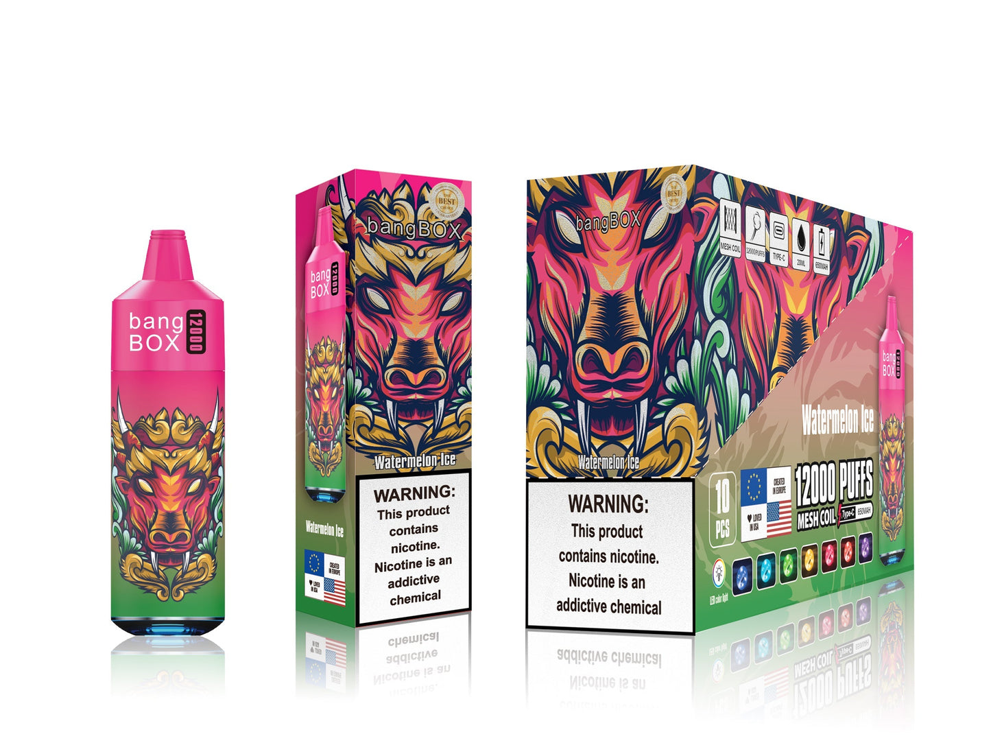 BANGBOX VAPE 12000 PUFFS/12 FLAVORS /RGB LIGHT/Battery650Mah /E-juice volume: 28ml 12flavors.