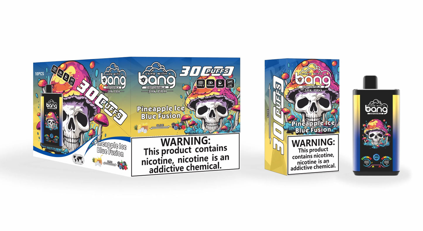 Bang 30000 Puffs PRO 30k puffs Disposable Vape(0% TO 5%Nicotine ) 30ML 850mah Rechargeable 16 Flavors