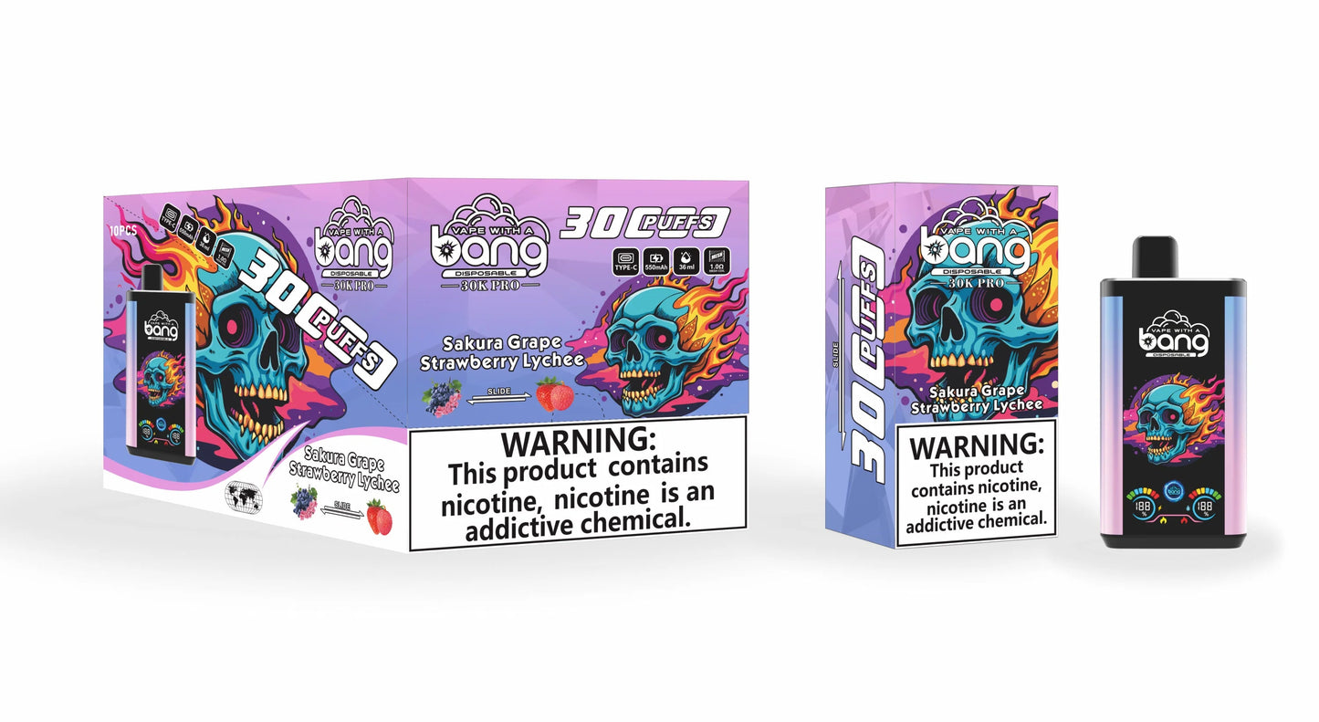 Bang 30000 Puffs PRO 30k puffs Disposable Vape(0% TO 5%Nicotine ) 30ML 850mah Rechargeable 16 Flavors