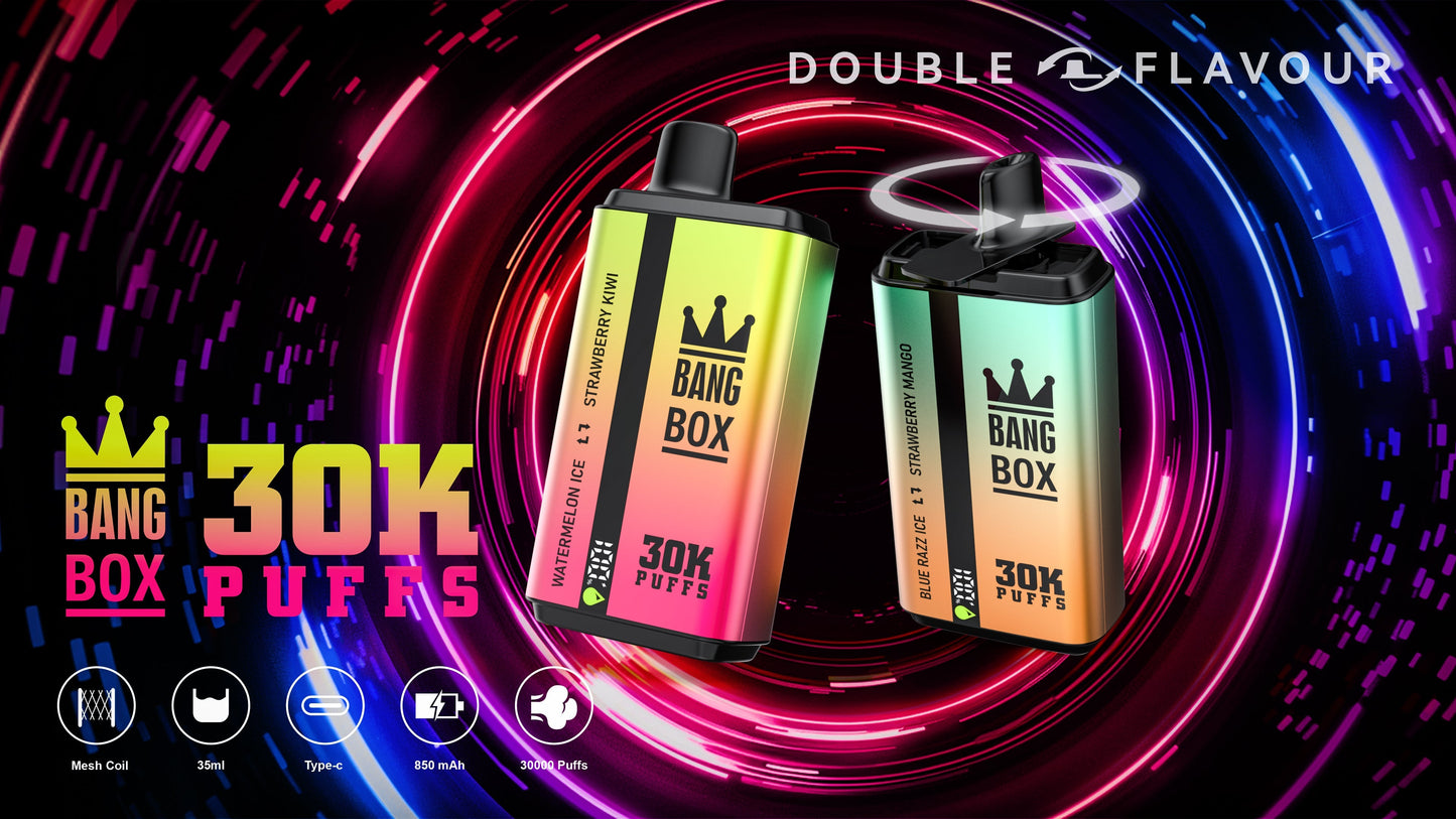 BANGBOX 30000 puffs dual flavors vape,LED Display capcity Batterya ,35ml 850MAH 12 Flavor