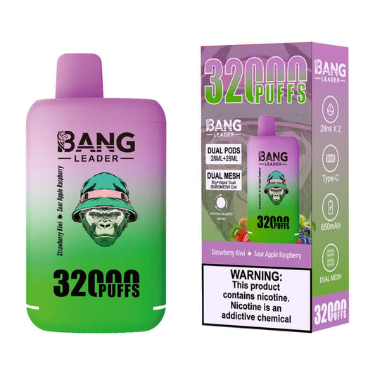 Bang Leader 32000 Puffs Disposable Vape (0% to 5% Nicotine) - Dual Pods, 26ml+26ml E-Liquid 650mah Type-C Rechargeable 18  Flavors