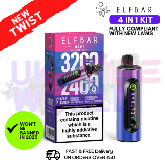 Elf Bar 3200 & 2400 Puff (4 in 1) Prefilled Pod Kit 20mg Nicotine 8ml E-Liquid Capacity 1500mAh  Berry Edition