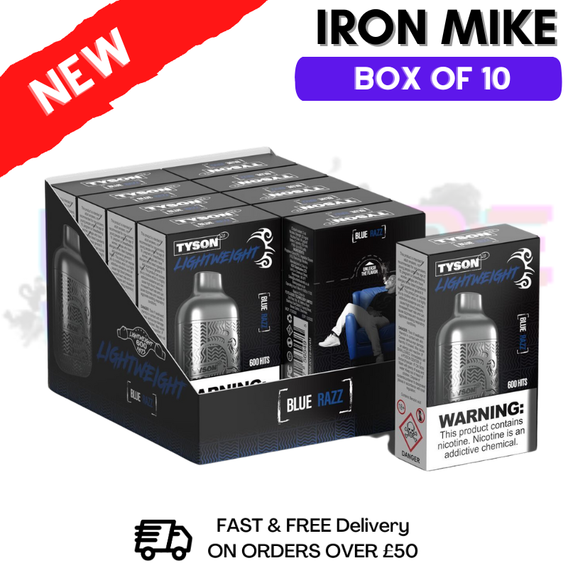 Blue Razz Tyson 2.0 600puff Vape Kit Pack / Box Of 10 Disposable