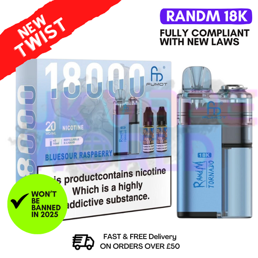 Blue Sour Raspberry RandM Tornado 18K 18000 Puff Vape Kit