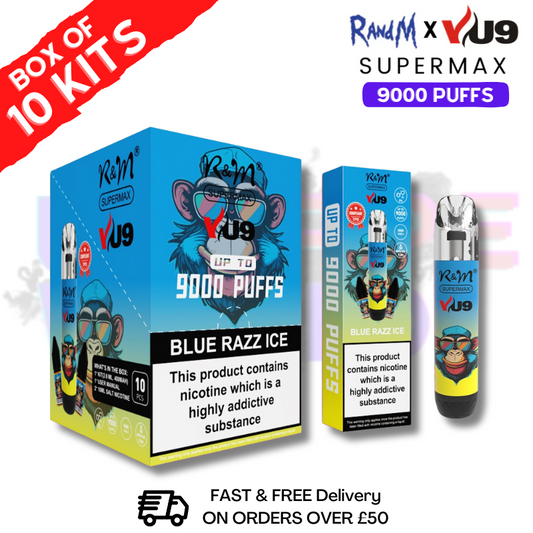 Blue Razz Ice RandM 9K SuperMAX 9000 Puff Bar R and M Pack Of 10