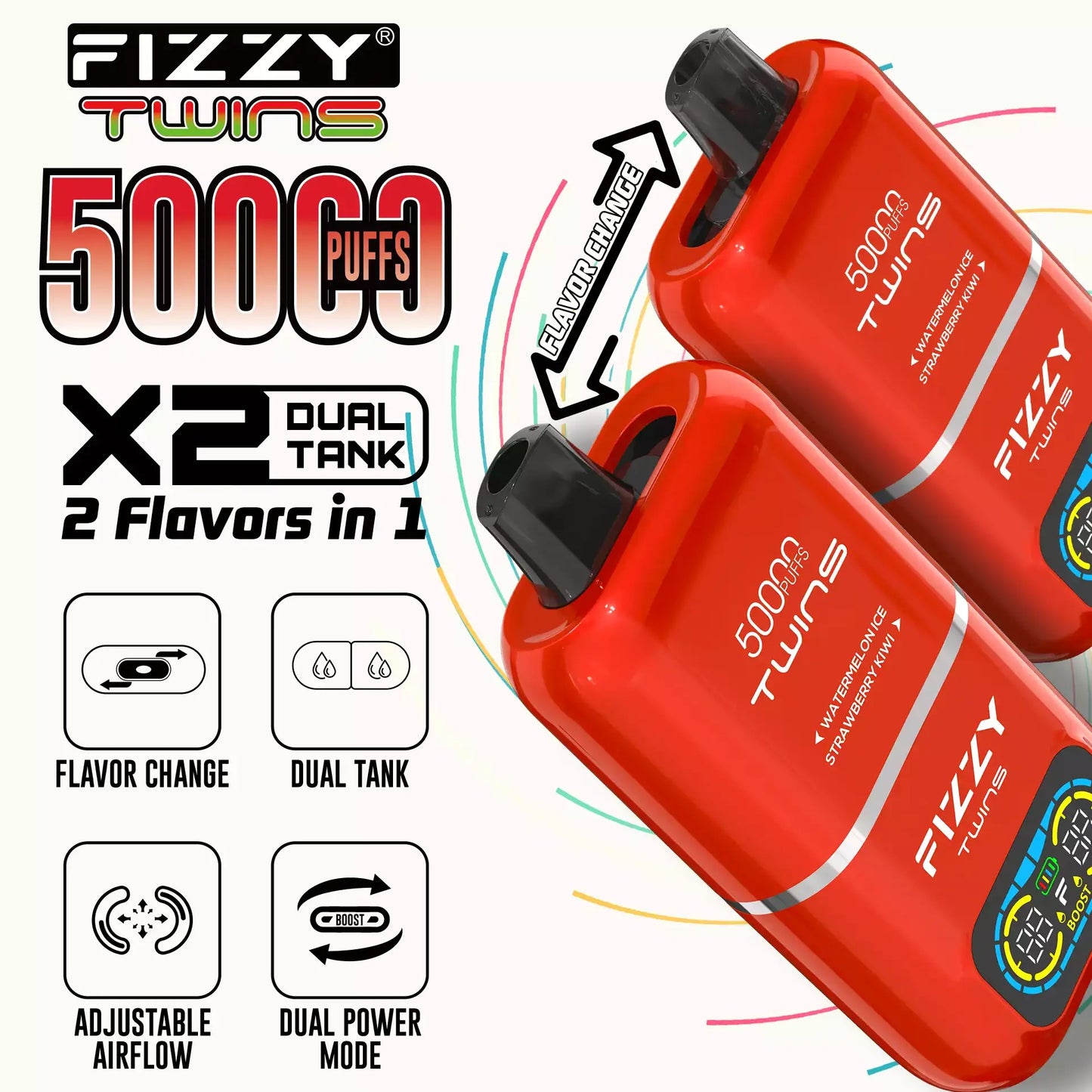 Fizzy Twins 50000 Puffs Dual Tank Double Flavor 12 Colors 2% 5% Low Nicotine Bulk Buy Rechargeable Disposable Vapes Pen Wholesale
