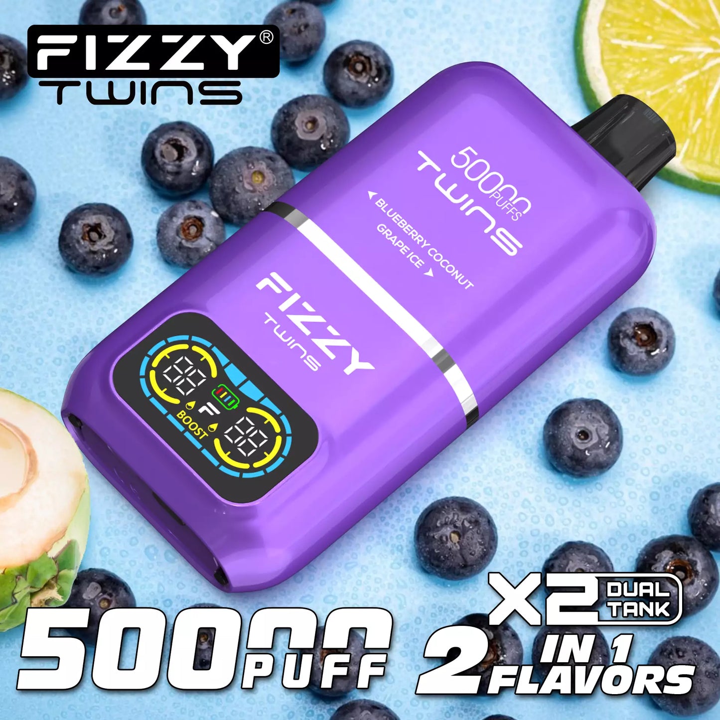 Fizzy Twins 50000 Puffs Dual Tank Double Flavor 12 Colors 2% 5% Low Nicotine Bulk Buy Rechargeable Disposable Vapes Pen Wholesale