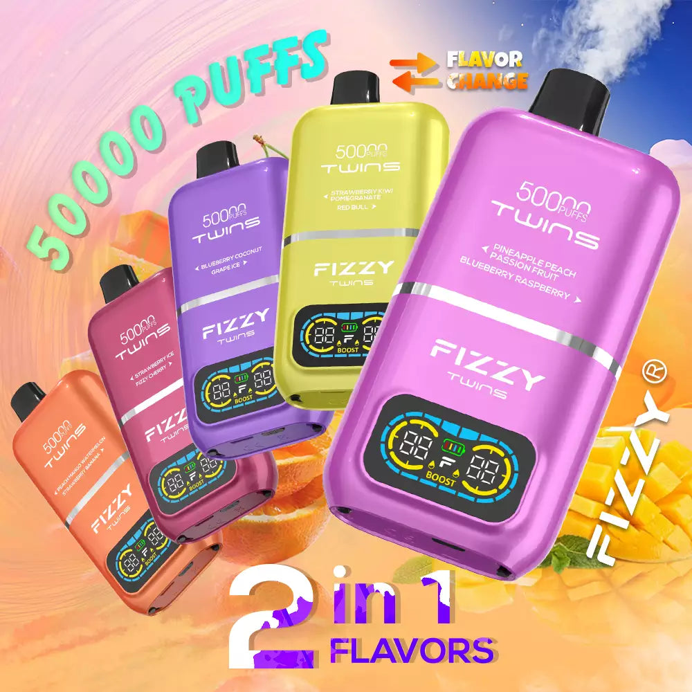 Fizzy Twins 50000 Puffs Dual Tank Double Flavor 12 Colors 2% 5% Low Nicotine Bulk Buy Rechargeable Disposable Vapes Pen Wholesale
