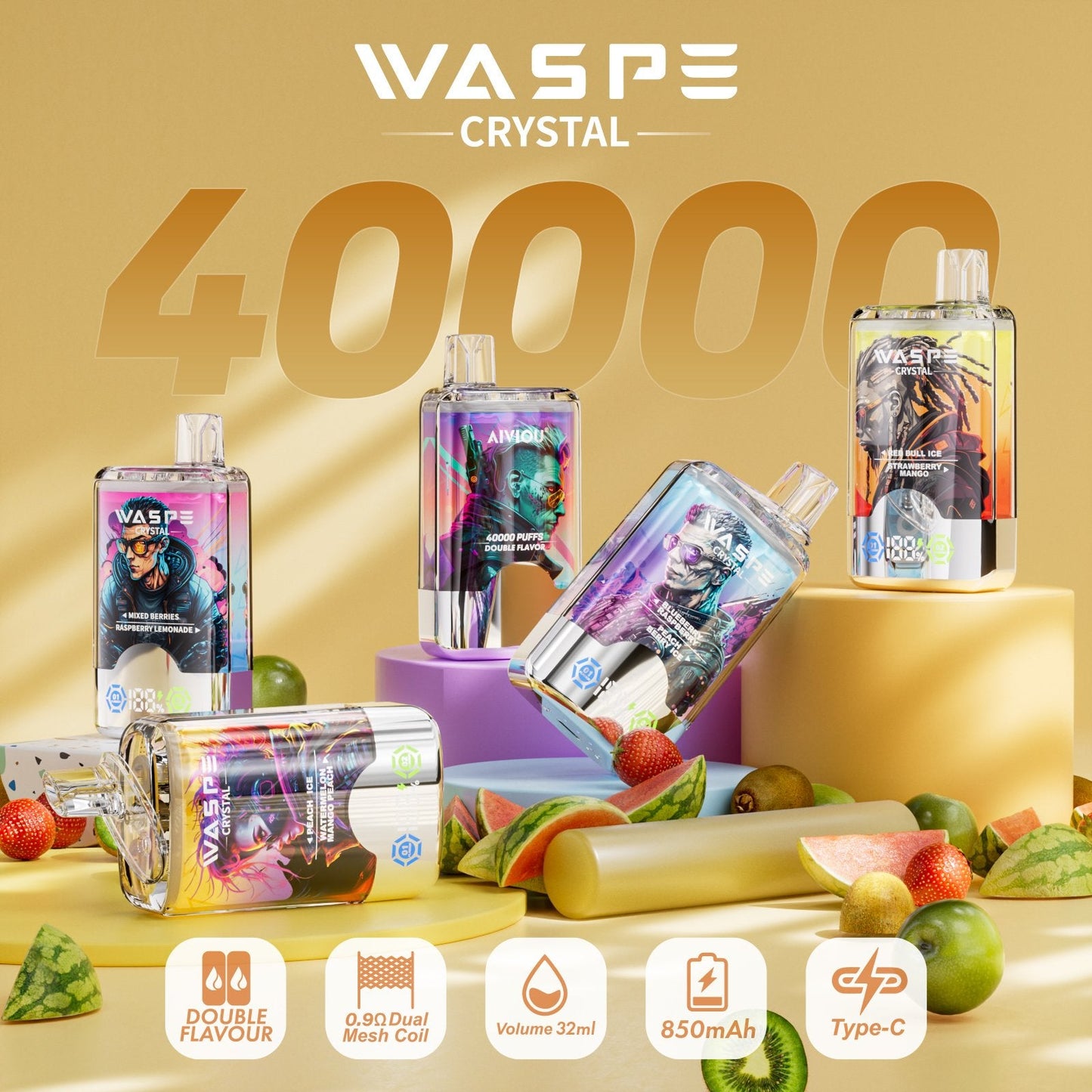 Waspe Crystal 40K Puffs Disposable Vape – Dual Flavors,Dual Mesh Coils,Smart LED Display