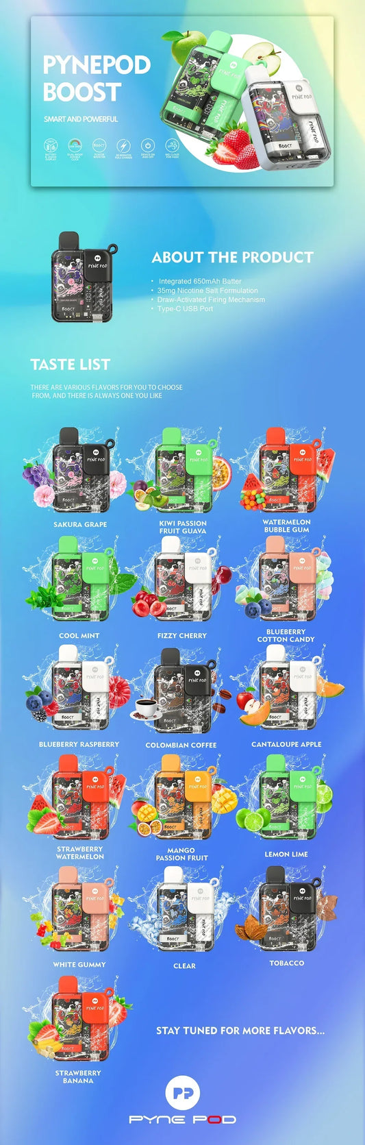 PACK OF 5 PC OFFER - Pynepod 8500 Puffs Disposable Vape 16 Flavors 20mg Nico 2ML Battery Display 550mAh battery