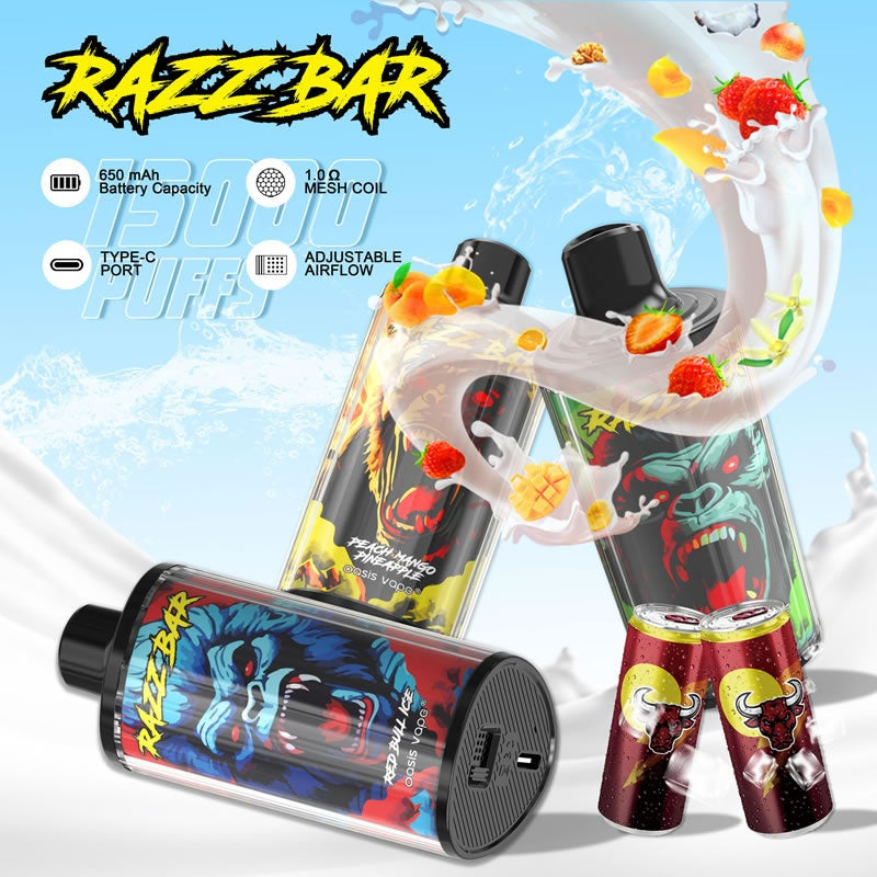 Razz Bar 15000 Puffs - 28mL, 5% Nic Salt, 12 Flavors, RGB Lights