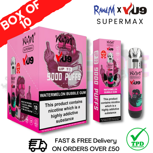 Watermelon Bubblegum RandM 9K SuperMAX 9000 Puff Bar R and M Pack Of 10