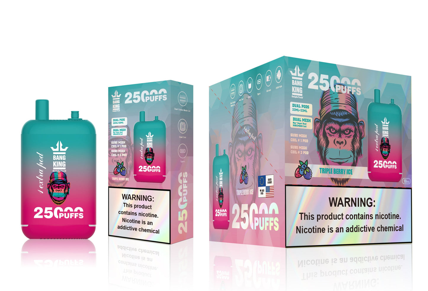 Bang King 25000 Puffs - 46mL Dual Tank (0% to 5% Nicotine)12 Flavors 650mAh Battery