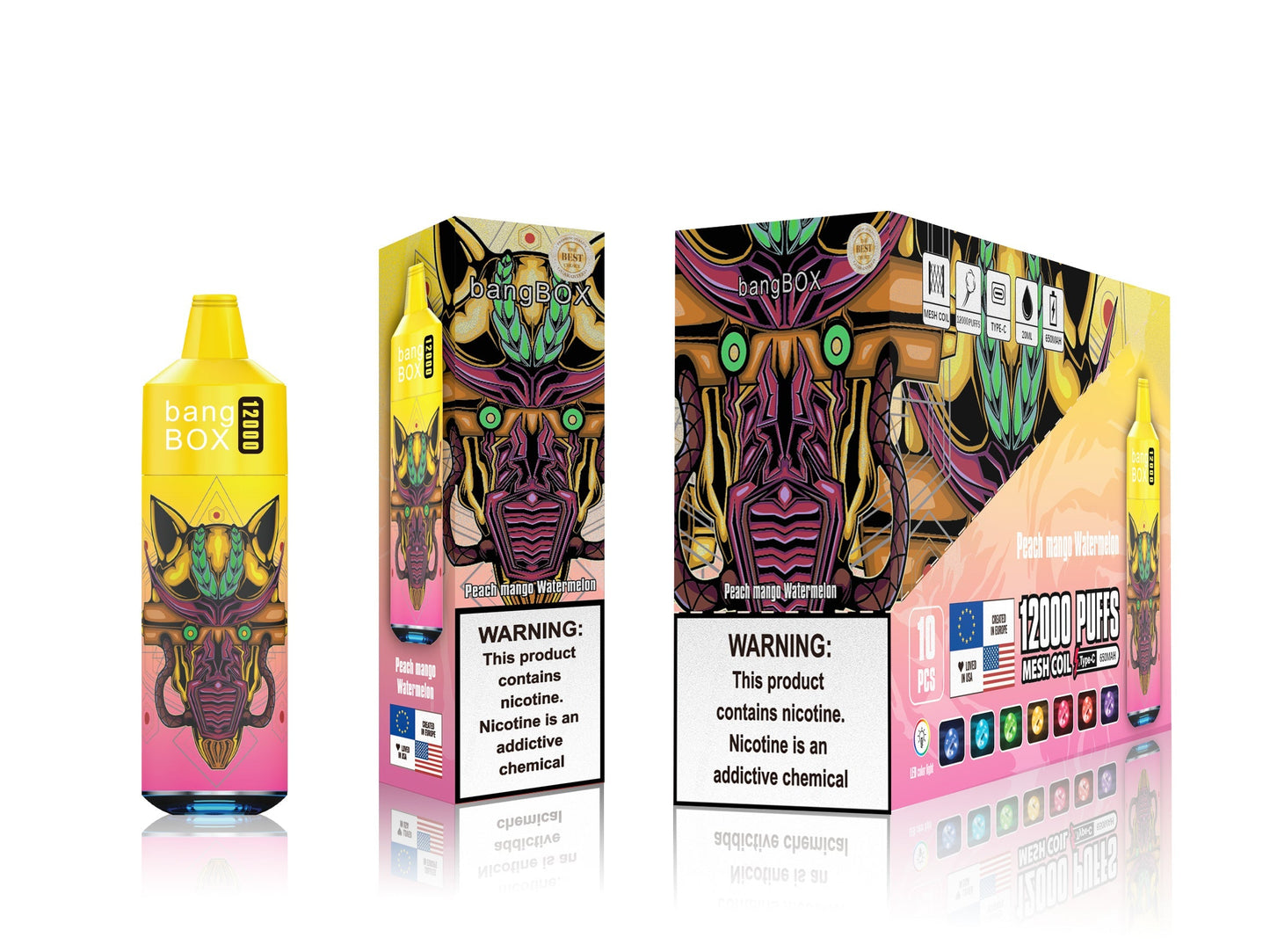 BANGBOX VAPE 12000 PUFFS/12 FLAVORS /RGB LIGHT/Battery650Mah /E-juice volume: 28ml 12flavors.