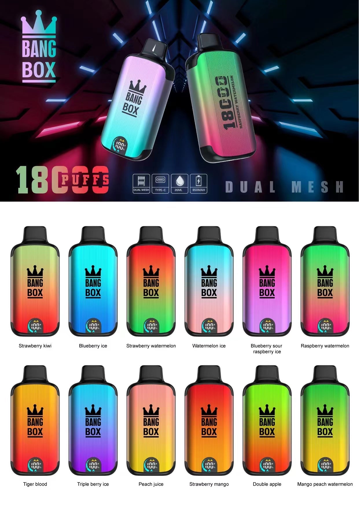 Bangbox 18000 Puffs Smart Screen Disposable E Cigarettes Vape Dual Mesh Coil Led display 26ml 850MAH 12Flavors