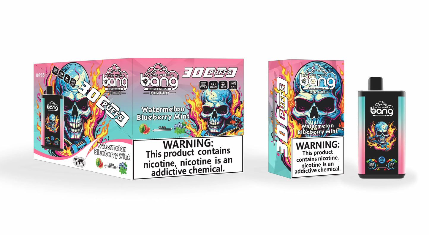 Bang 30000 Puffs PRO 30k puffs Disposable Vape(0% TO 5%Nicotine ) 30ML 850mah Rechargeable 16 Flavors