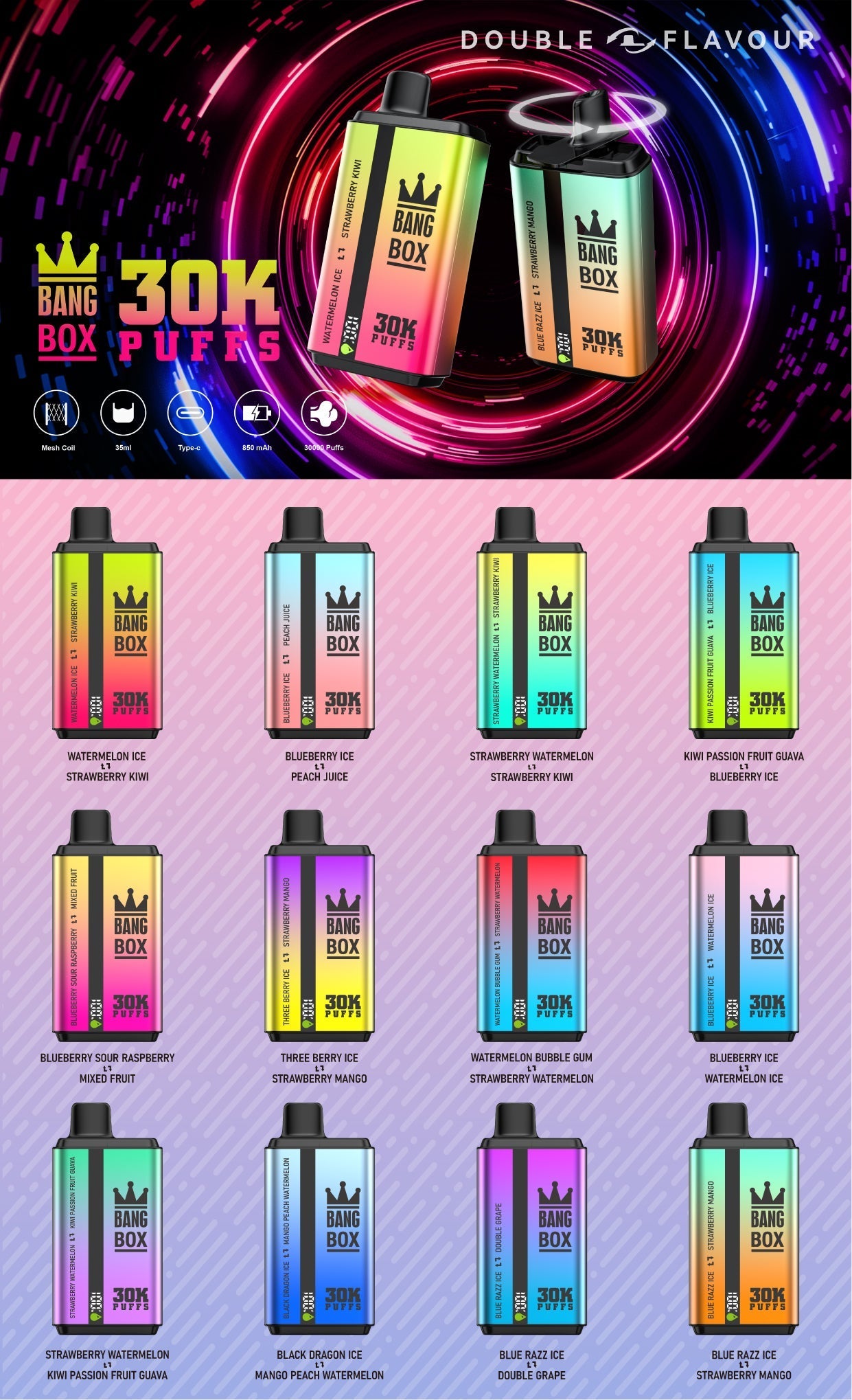 BANGBOX 30000 puffs dual flavors vape,LED Display capcity Batterya ,35ml 850MAH 12 Flavor
