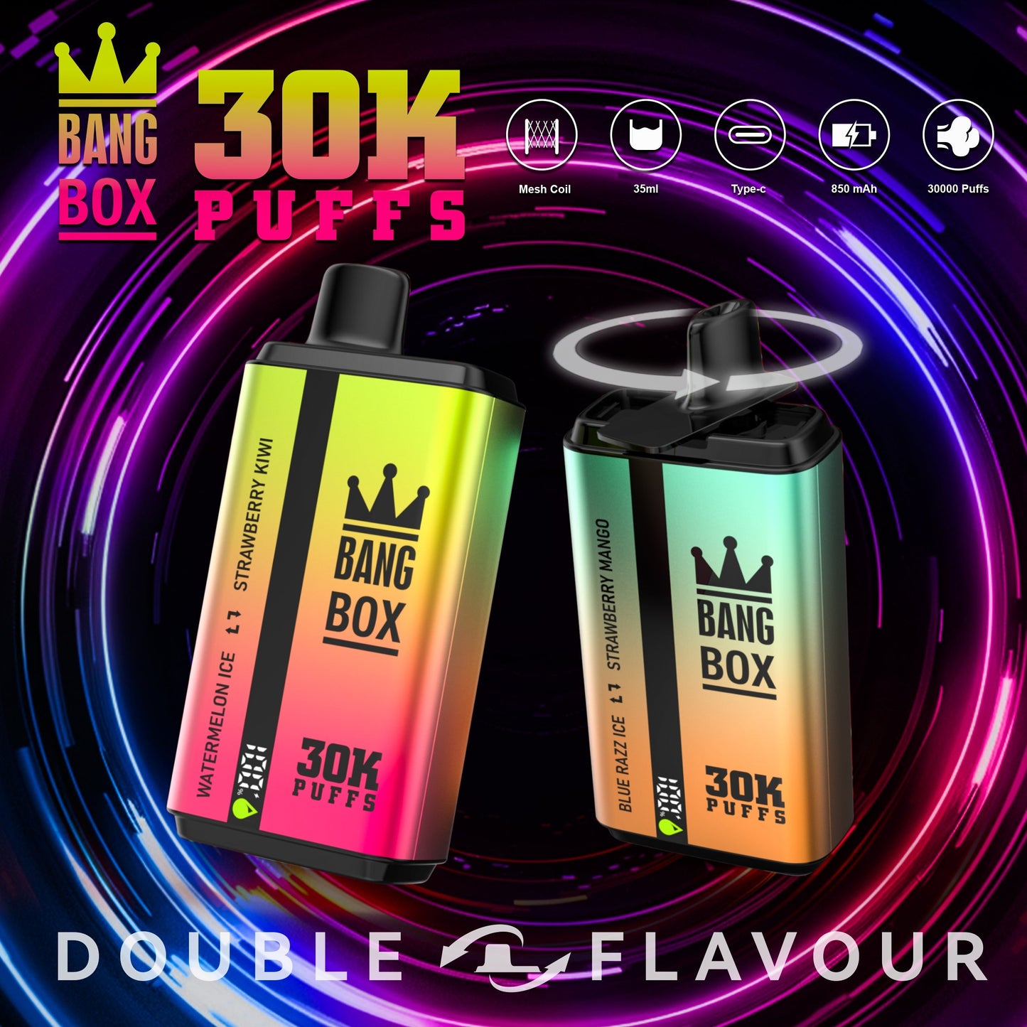 BANGBOX 30000 puffs dual flavors vape,LED Display capcity Batterya ,35ml 850MAH 12 Flavor