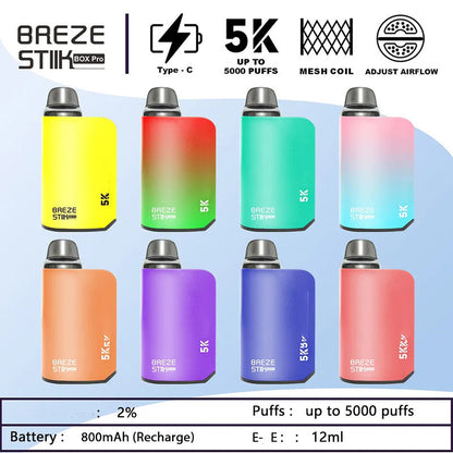 Breze Stiik Box Pro 5000 Puffs Vape Disposable Airflow Adjustable Electronic Cigarettes Puff 5k 2% 5% Prefilled Pod