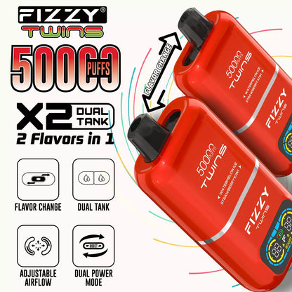 Fizzy Twins 50000 Puffs Dual Tank Double Flavor 12 Colors 2% 5% Low Nicotine Bulk Buy Rechargeable Disposable Vapes Pen Wholesale