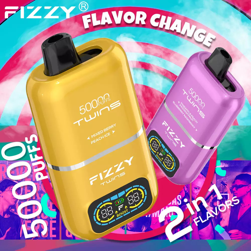 Fizzy Twins 50000 Puffs Dual Tank Double Flavor 12 Colors 2% 5% Low Nicotine Bulk Buy Rechargeable Disposable Vapes Pen Wholesale