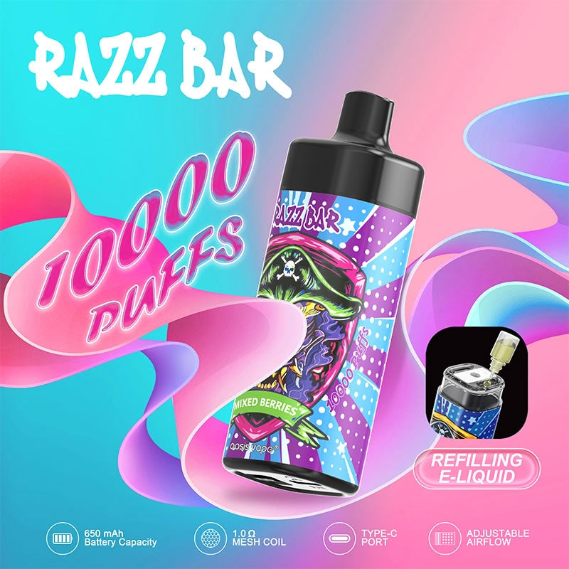 Razz Bar 10000 Puffs - 20mL, 5% Nic Salt, 16 Flavors, Mesh Coil