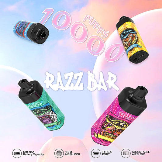 Razz Bar 10000 Puffs - 20mL, 5% Nic Salt, 16 Flavors, Mesh Coil