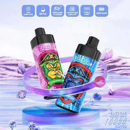 Razz Bar 10000 Puffs - 20mL Refillable, 5% Nic Salt, 16 Flavors