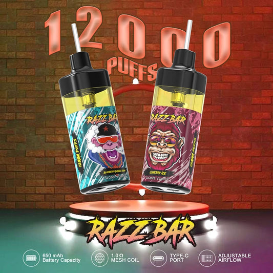 Razz Bar 12000 Puffs - 22mL, 5% Nic Salt, 16 Flavors, Mesh Coil