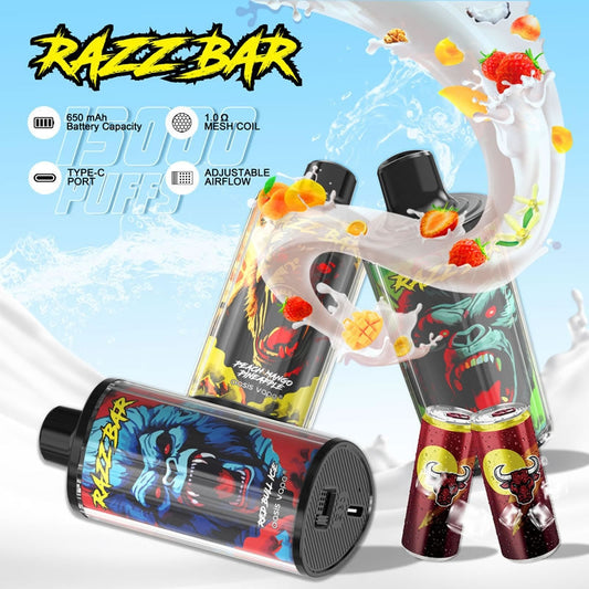 Razz Bar 15000 Puffs - 28mL, 5% Nic Salt, 12 Flavors, Mesh Coil