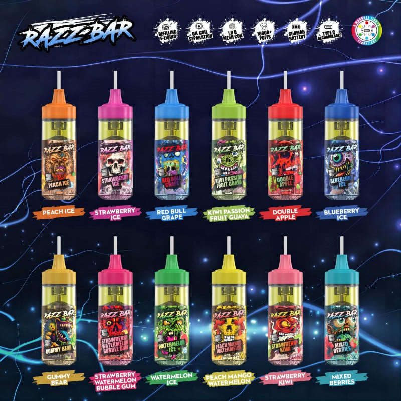 Razz Bar 16000 Puffs - 20mL, 5% Nic Salt, 12 Flavors, Refillable