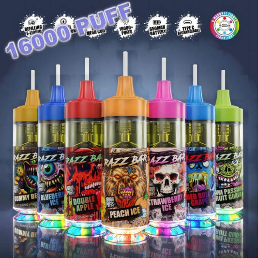 Razz Bar 16000 Puffs - 30mL, 2%/5% Nic Salt, 12 Flavors, Mesh Coil