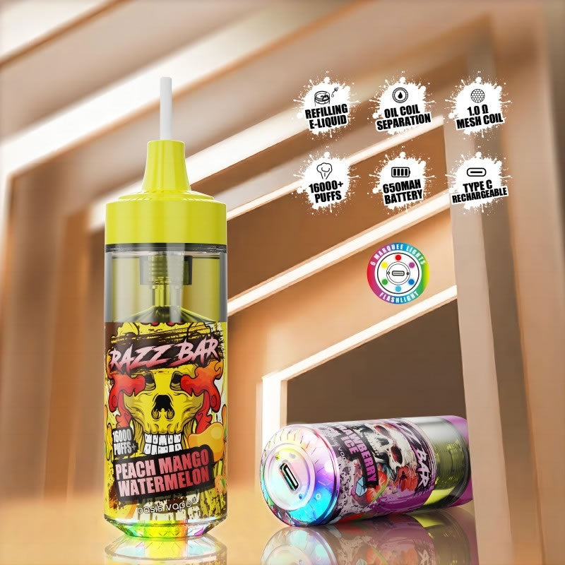 Razz Bar 16000 Puffs - 30mL, 2%/5% Nic Salt, 12 Flavors, Mesh Coil