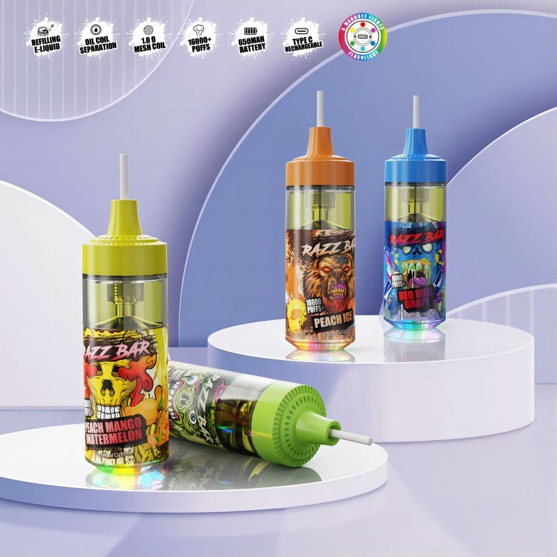 Razz Bar 16000 Puffs - 20mL, 5% Nic Salt, 12 Flavors, Refillable