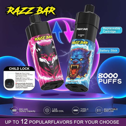 RAZZ BAR 8000 Puffs - 18mL, 5% Nic Salt, 12 Flavors, Replaceable Pod