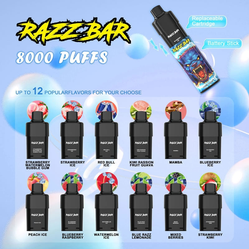 RAZZ BAR 8000 Puffs - 18mL, 5% Nic Salt, 12 Flavors, Replaceable Pod