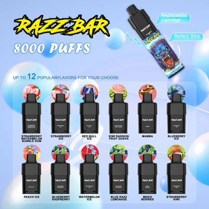 RAZZ BAR 8000 Puffs - 18mL, 5% Nic Salt, 12 Flavors, Replaceable Pod