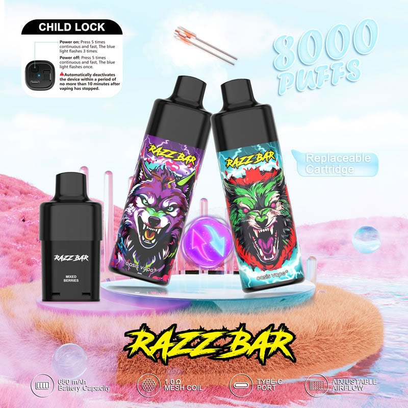RAZZ BAR 8000 Puffs - 18mL, 5% Nic Salt, 12 Flavors, Replaceable Pod