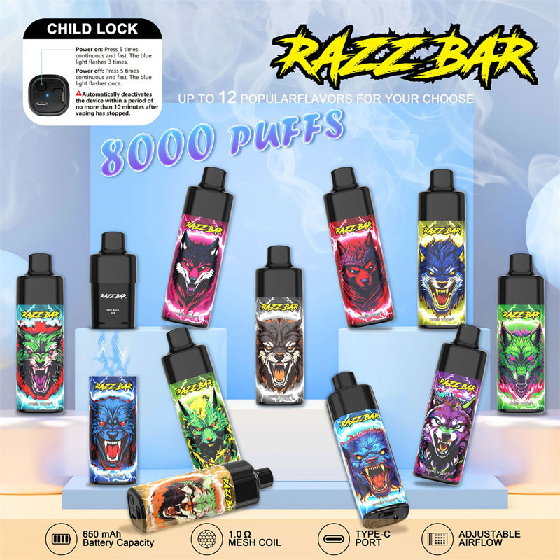 RAZZ BAR 8000 Puffs - 18mL, 5% Nic Salt, 12 Flavors, Replaceable Pod