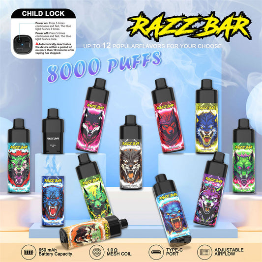 RAZZ BAR 8000 Puffs - 18mL, 5% Nic Salt, 12 Flavors, Replaceable Pod