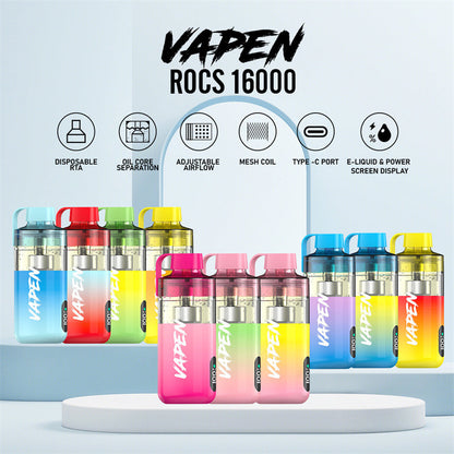 Vapen Rocs 16000 Puffs 25ml Refilled RGB Light Disposable Electronic Cigarette Vape Puff 16k Eu Warehouse