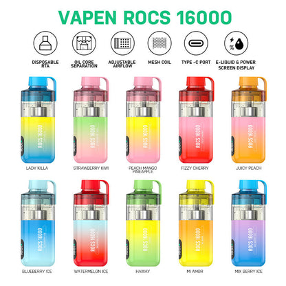Vapen Rocs 16000 Puffs 25ml Refilled RGB Light Disposable Electronic Cigarette Vape Puff 16k Eu Warehouse