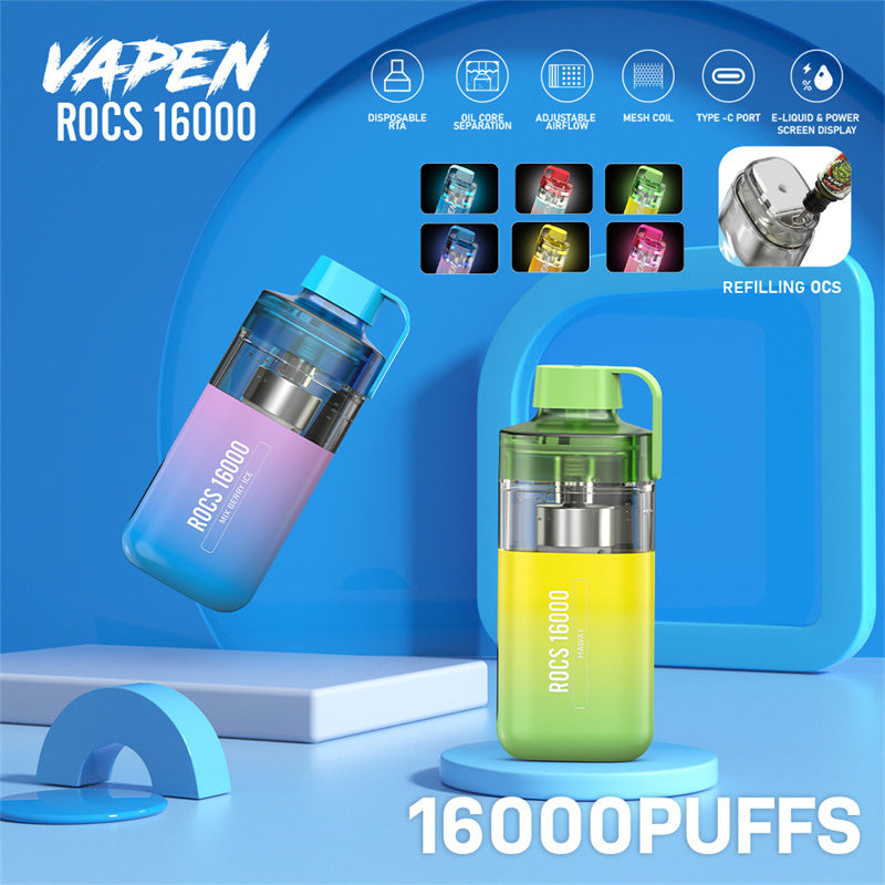 Vapen Rocs 16000 Puffs 25ml Refilled RGB Light Disposable Electronic Cigarette Vape Puff 16k Eu Warehouse