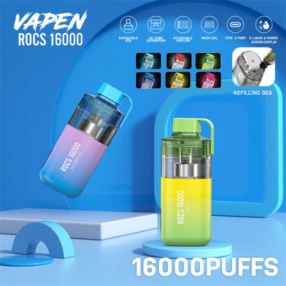 Vapen Rocs 16000 Puffs 25ml Refilled RGB Light Disposable Electronic Cigarette Vape Puff 16k Eu Warehouse