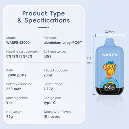 WASPE 12000 Puffs Digital Box Disposable Vape Popularity Cigarette Pod